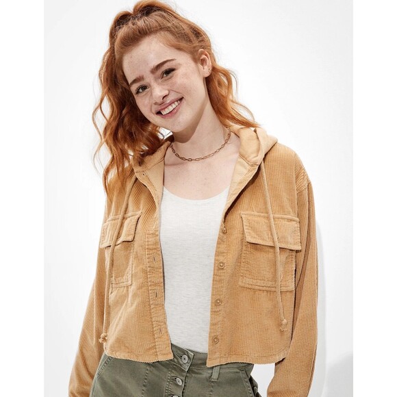 AE American Eagle Hooded Cropped Corduroy Button-Up Shirt Womens Size XS - Picture 5 of 11